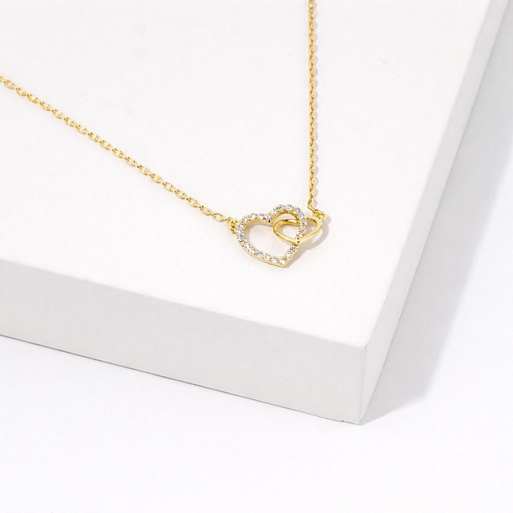 Dainty Chain Link Necklace Featuring Linked Metal Tone & Cubic Zirconia Hearts Pendant 