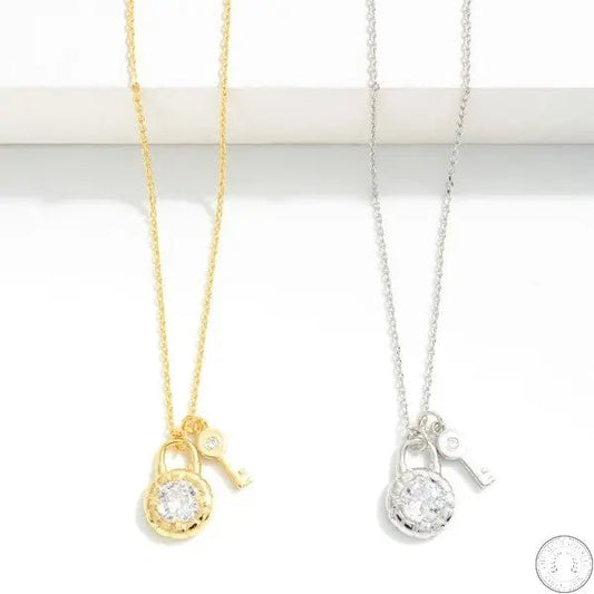 Dainty Chain Link Necklace Featuring Lock and Key With Cubic Zirconia Accent