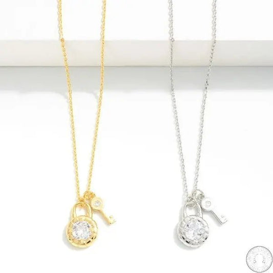 Dainty Chain Link Necklace Featuring Lock and Key With Cubic Zirconia Accent - The Mustard Seed Collection, The Seed