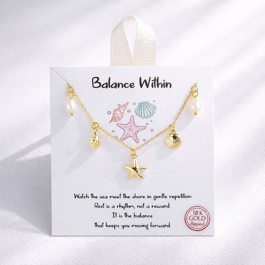 Dainty Chain Link Necklace Featuring Metal Tone Beach & Pearl Charms Gold