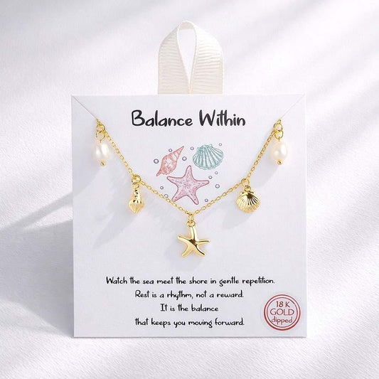 Dainty Chain Link Necklace Featuring Metal Tone Beach & Pearl Charms 