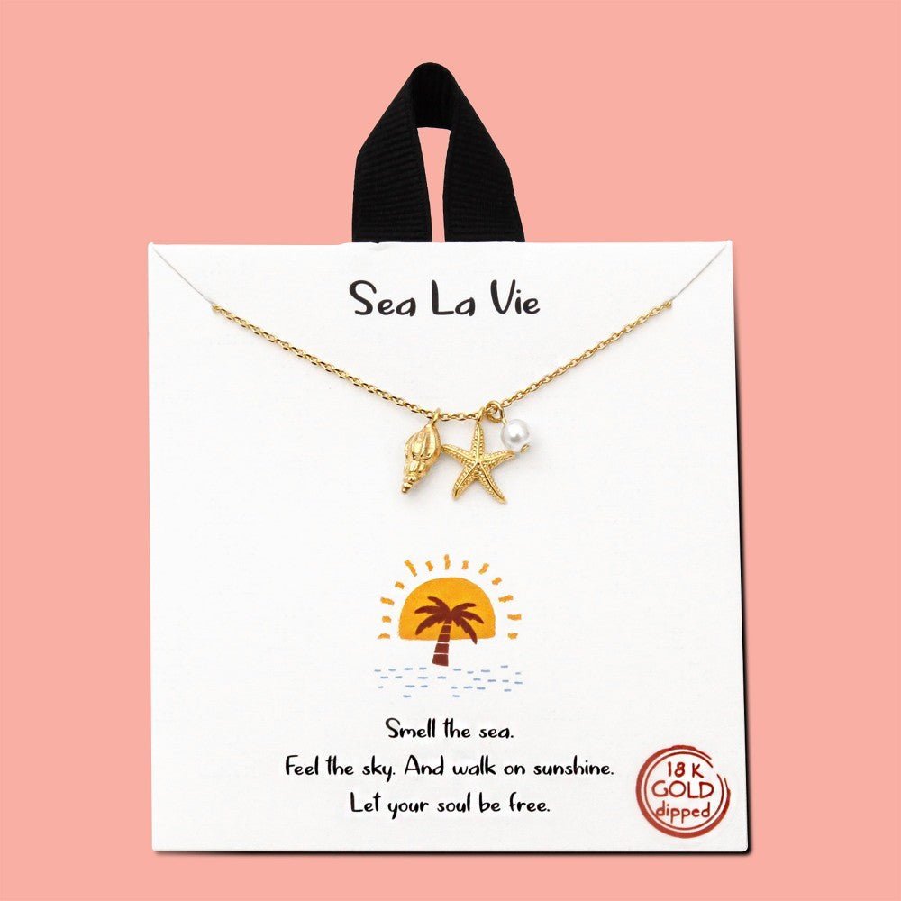 Dainty Chain Link Necklace Featuring Starfish, Conch Shell, and Pearl Pendants 