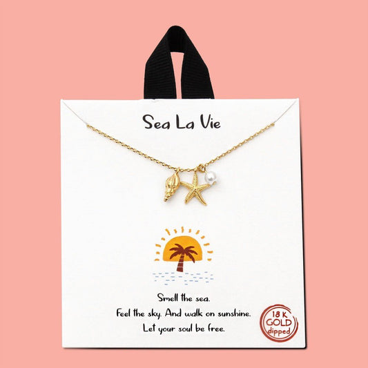 Dainty Chain Link Necklace Featuring Starfish, Conch Shell, and Pearl Pendants 