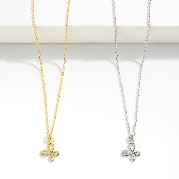 Dainty Chain Link Necklace With Rhinestone Studded Butterfly Pendant