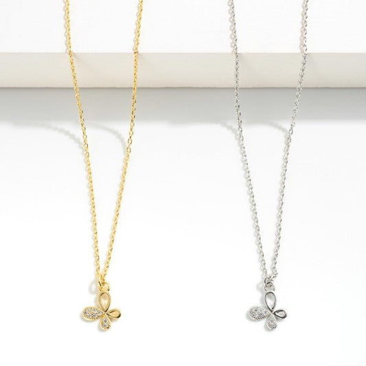 Dainty Chain Link Necklace With Rhinestone Studded Butterfly Pendant