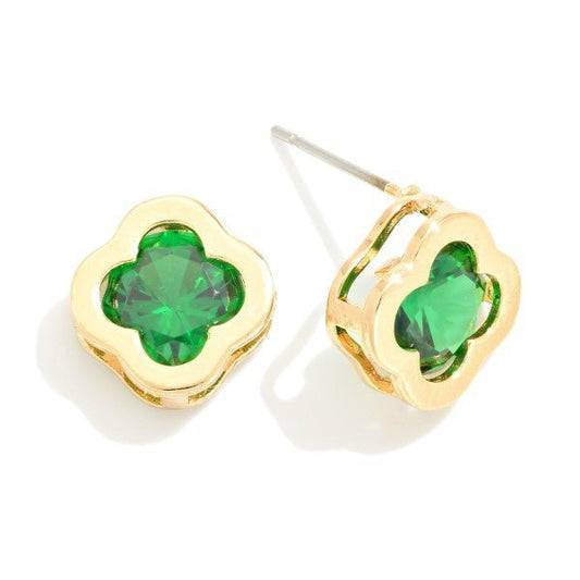 Dainty Cubic Zirconia Clover Stud Earrings With Gold Tone Framing Green