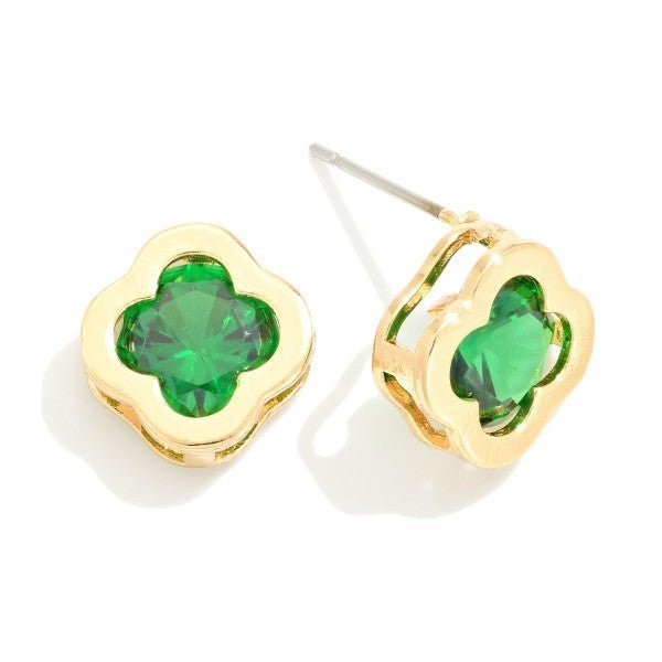 Dainty Cubic Zirconia Clover Stud Earrings With Gold Tone Framing - The Mustard Seed Collection, The Seed