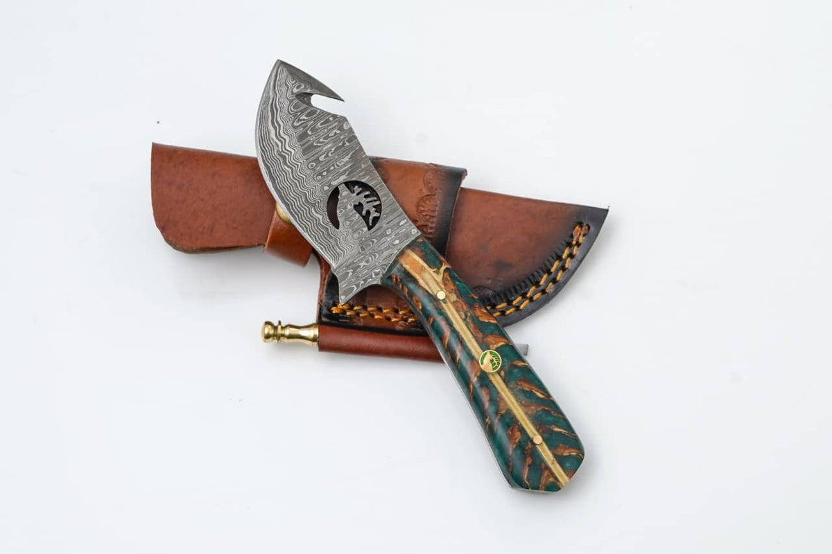 Damascus Guthook Hunting Knife with Green & Bronze Resin Handle - The Mustard Seed Collection, The Seed
