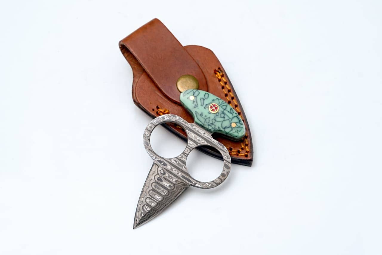 Damascus Push Dagger with Green Resin Handle & Leather Sheath - The Mustard Seed Collection, The Seed