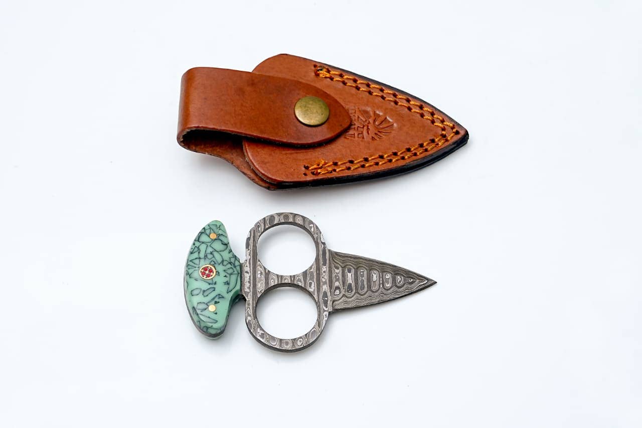 Damascus Push Dagger with Green Resin Handle & Leather Sheath - The Mustard Seed Collection, The Seed