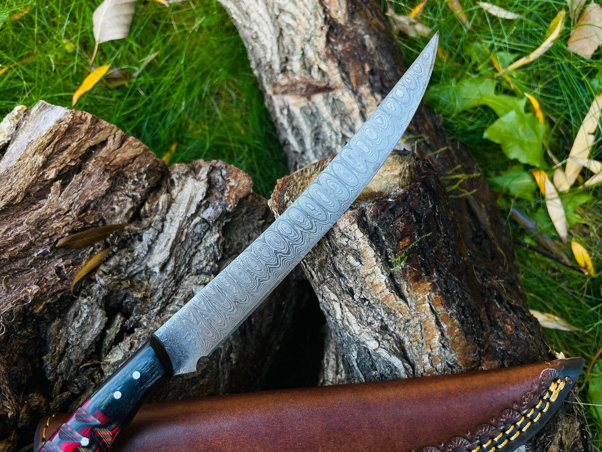 Damascus Steel Custom Flay Knife with Craved Grips TK-051 - The Mustard Seed Collection, The Seed