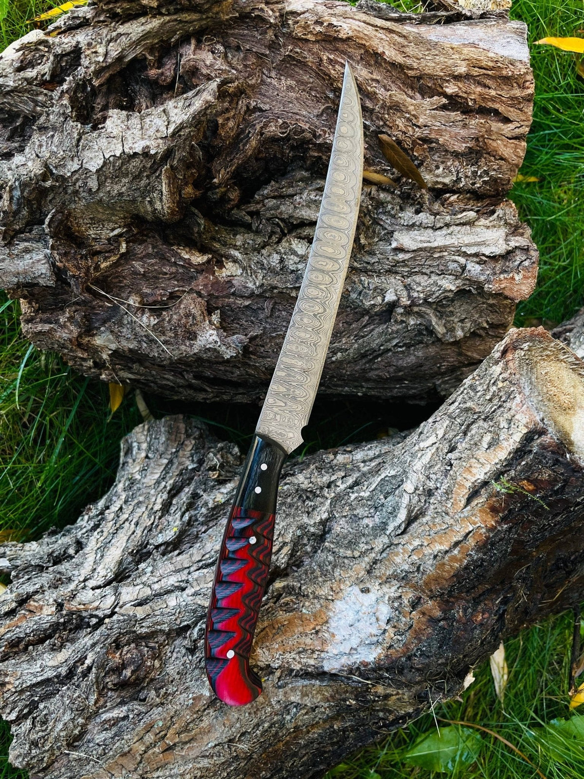 Damascus Steel Custom Flay Knife with Craved Grips TK-051 - The Mustard Seed Collection, The Seed
