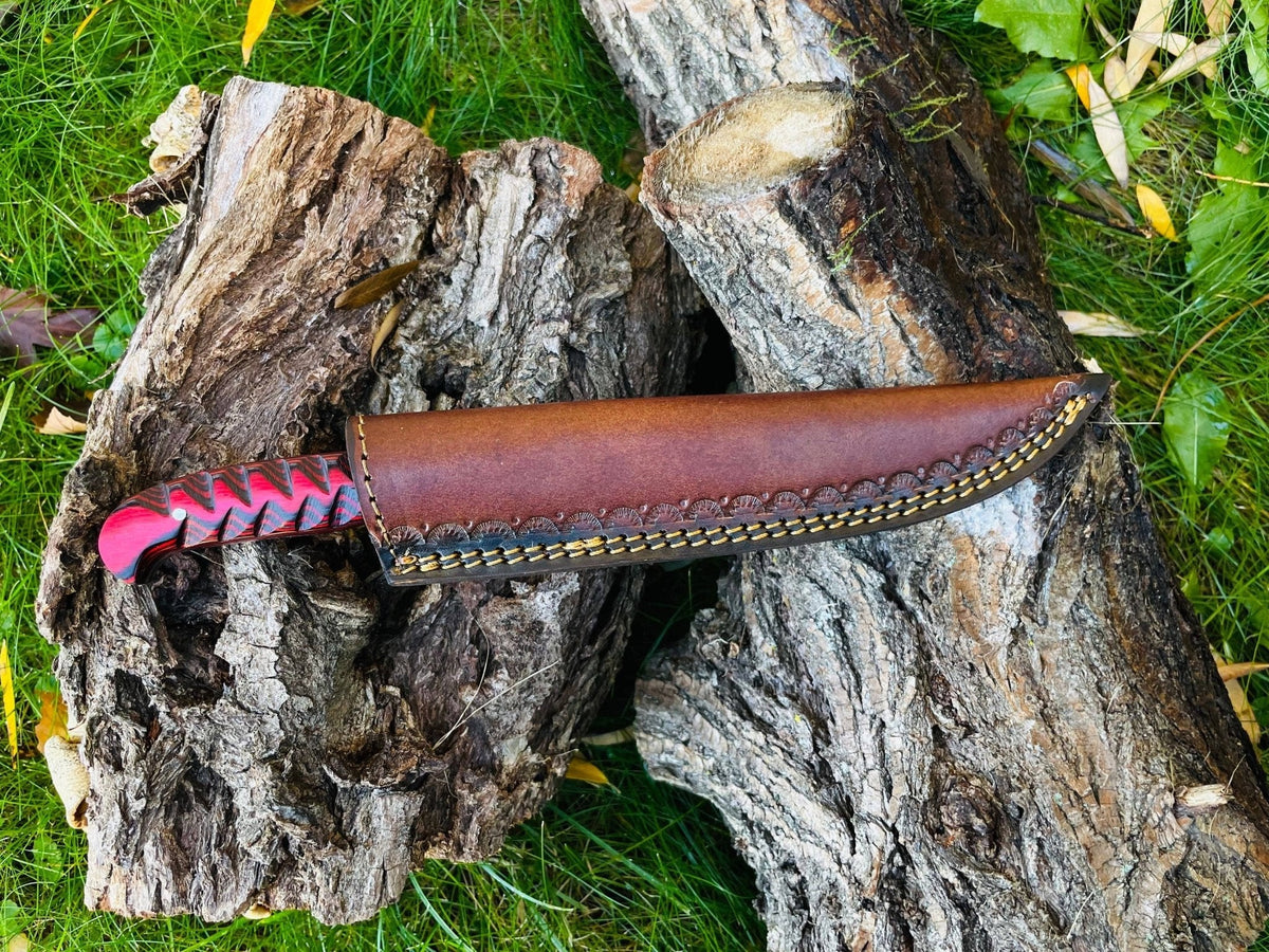 Damascus Steel Custom Flay Knife with Craved Grips TK-051 - The Mustard Seed Collection, The Seed
