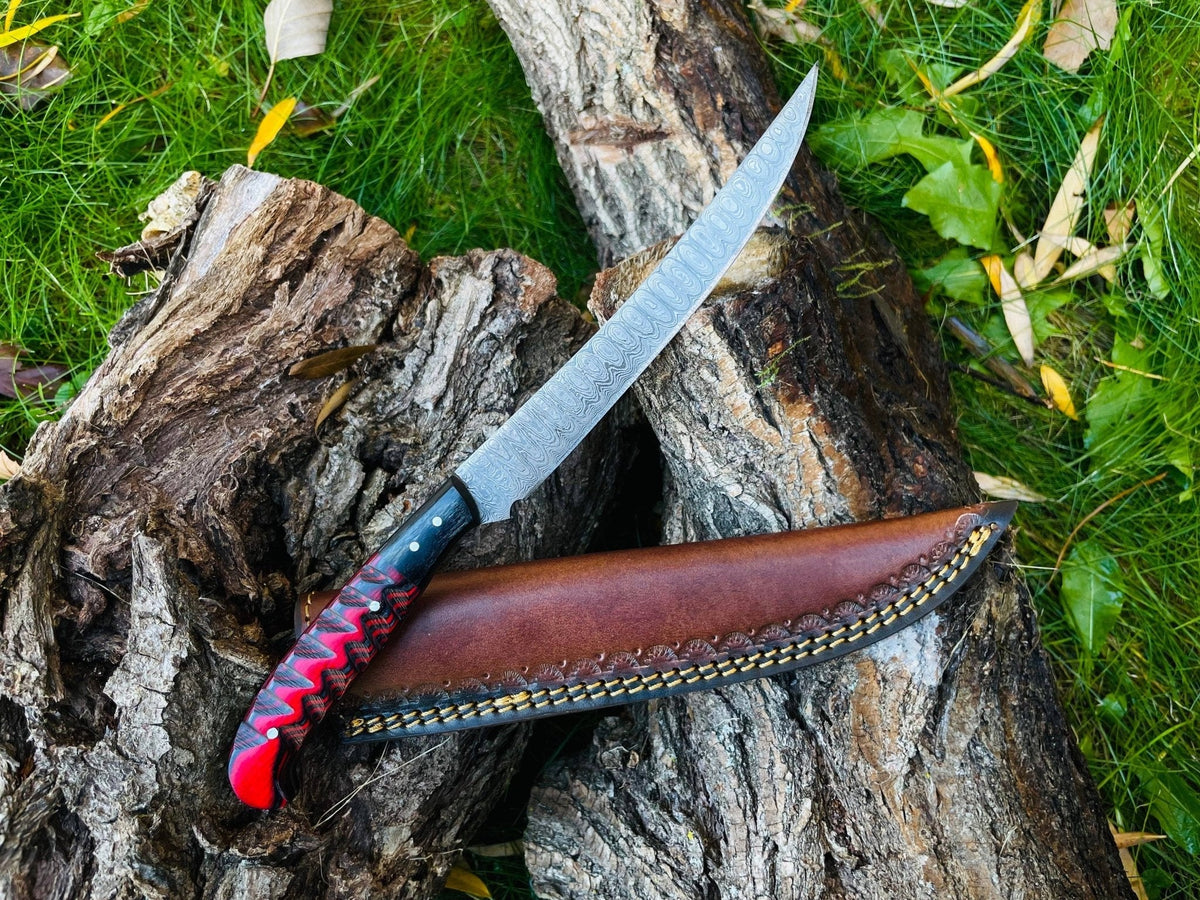 Damascus Steel Custom Flay Knife with Craved Grips TK-051 - The Mustard Seed Collection, The Seed