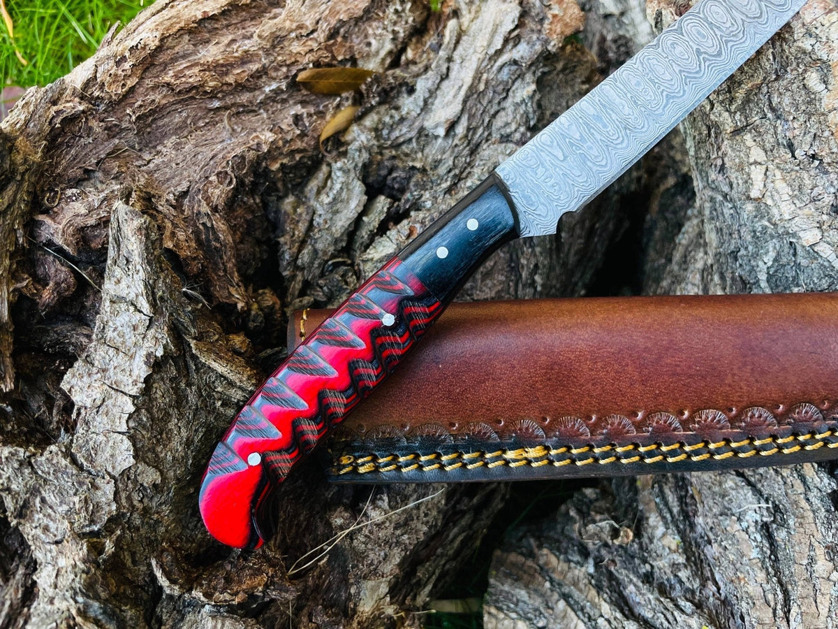 Damascus Steel Custom Flay Knife with Craved Grips TK-051 - The Mustard Seed Collection, The Seed