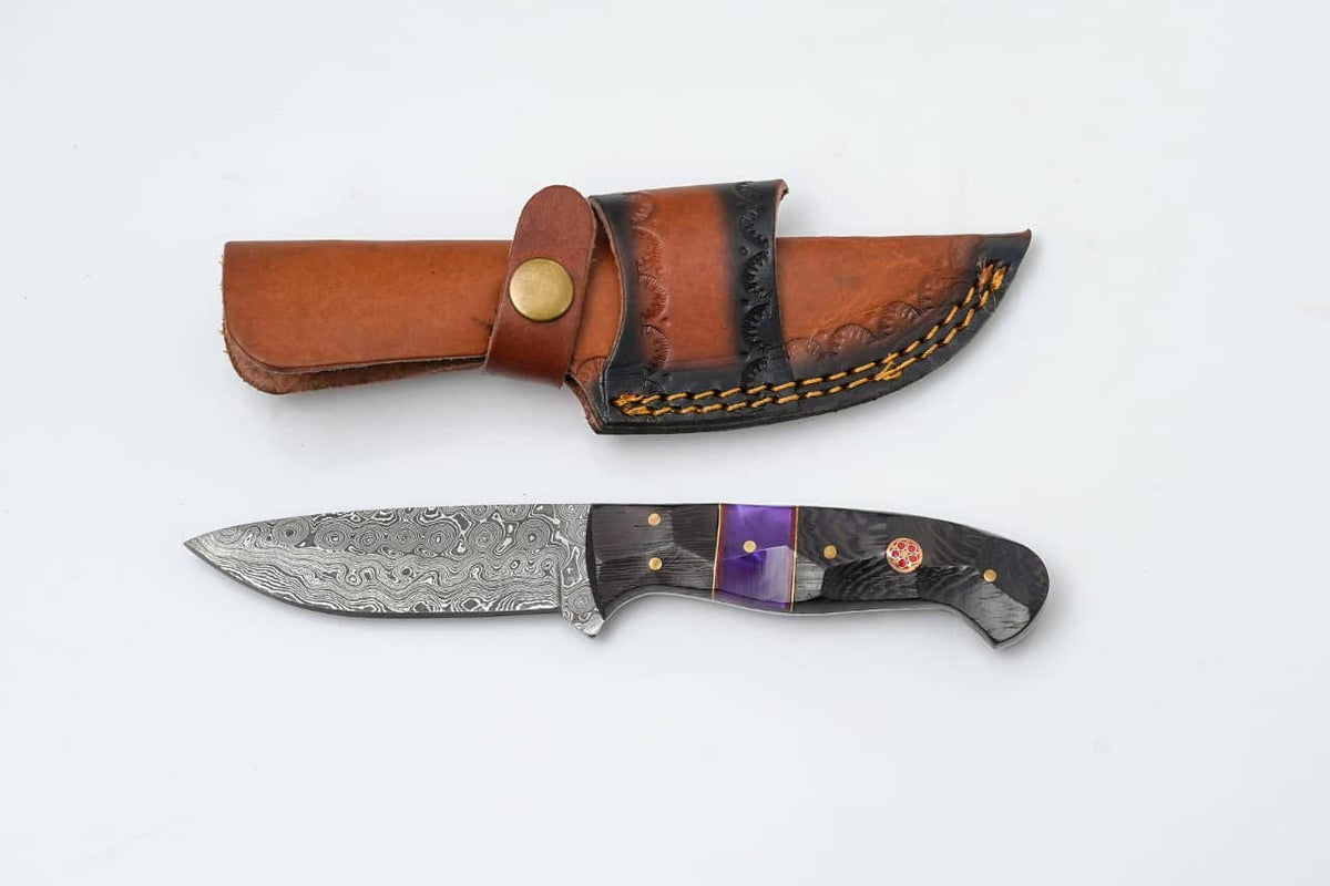 Damascus Steel Fixed Blade Knife with Wenge Wood & Purple Resin Handle - The Mustard Seed Collection, The Seed