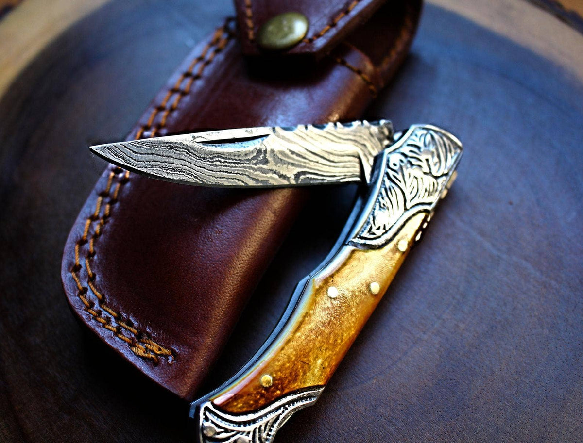 Damascus Steel handmade Pocket Knife with burnt bone handles - The Mustard Seed Collection, The Seed