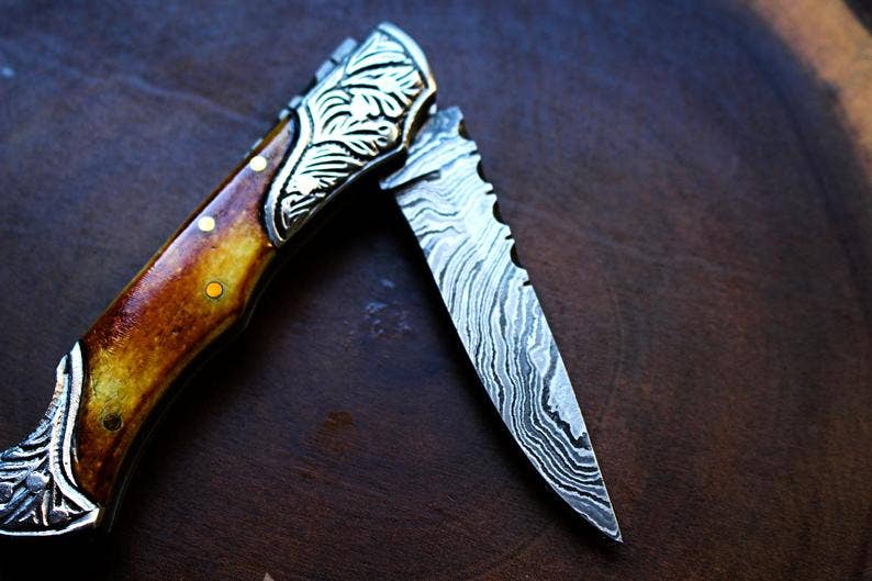 Damascus Steel handmade Pocket Knife with burnt bone handles - The Mustard Seed Collection, The Seed