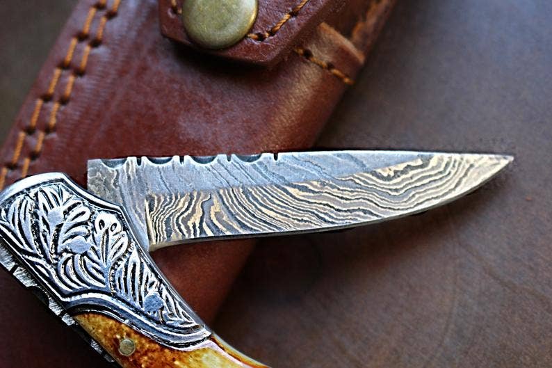 Damascus Steel handmade Pocket Knife with burnt bone handles - The Mustard Seed Collection, The Seed