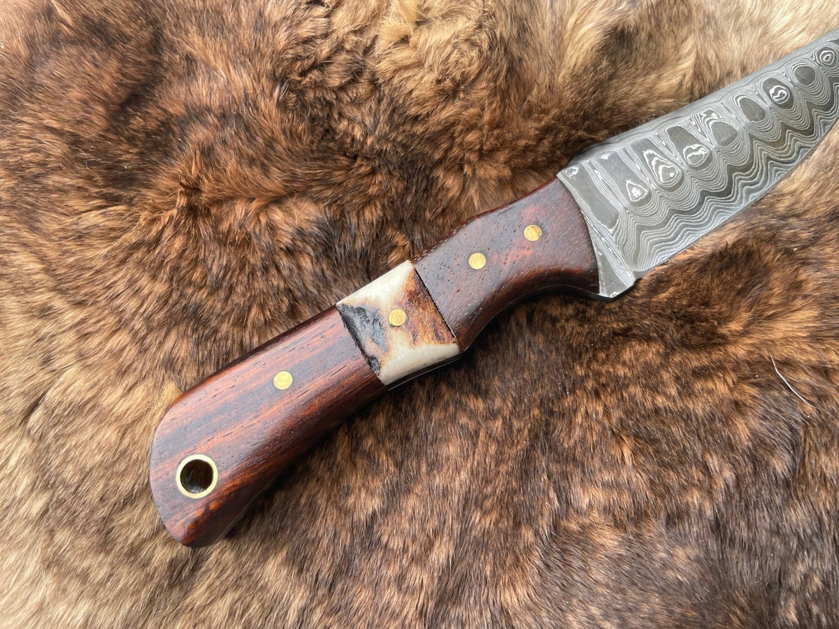 Damascus Steel Skinner Knife with Rosewood & Stag Grip - The Mustard Seed Collection, The Seed
