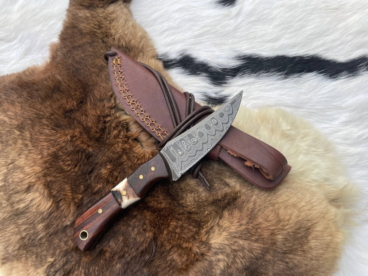 Damascus Steel Skinner Knife with Rosewood & Stag Grip - The Mustard Seed Collection, The Seed