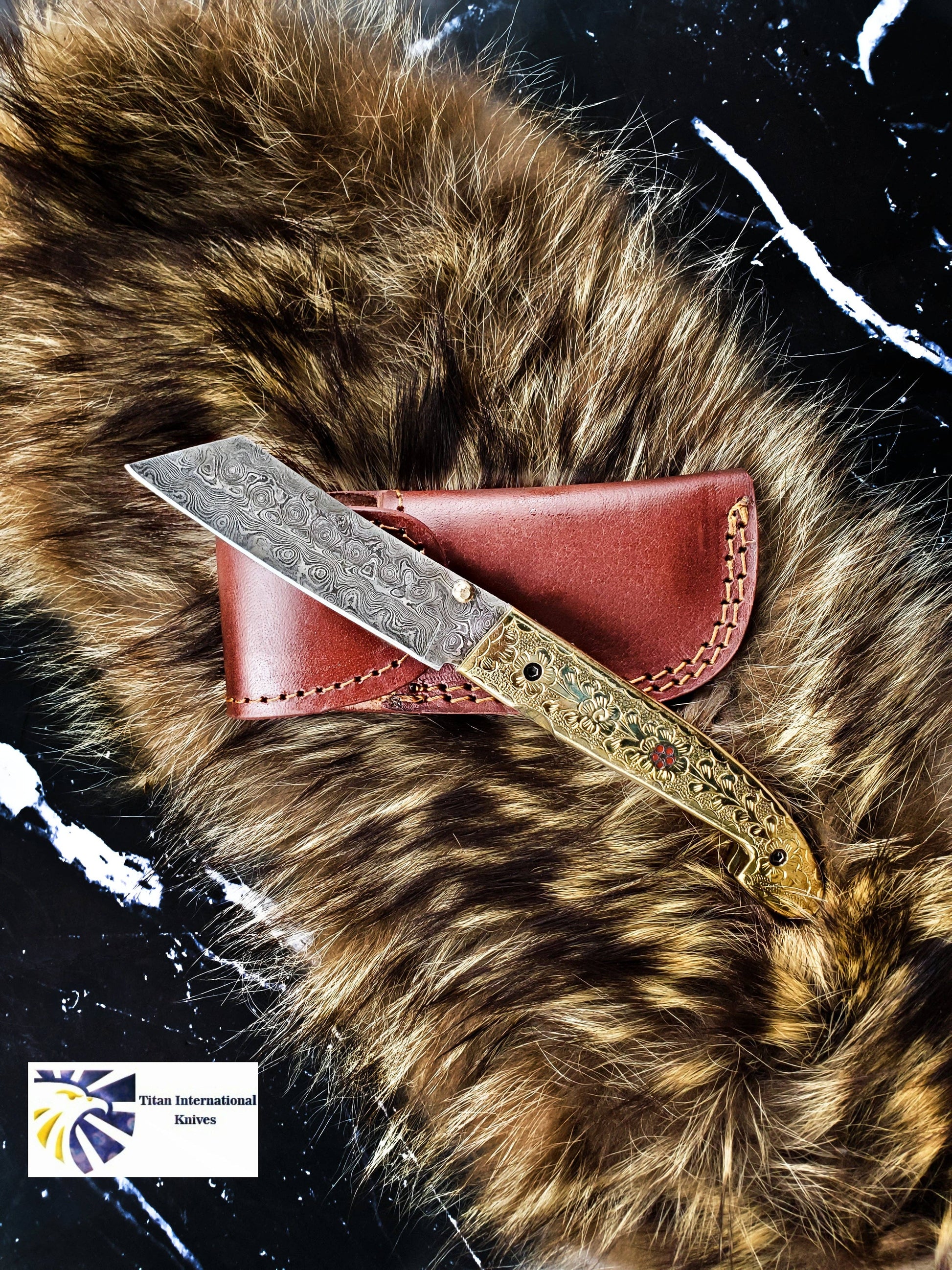 B. Titan Golden Eagle Pocket Knife - Raindrop Damascus folding blade/ Hand engraved