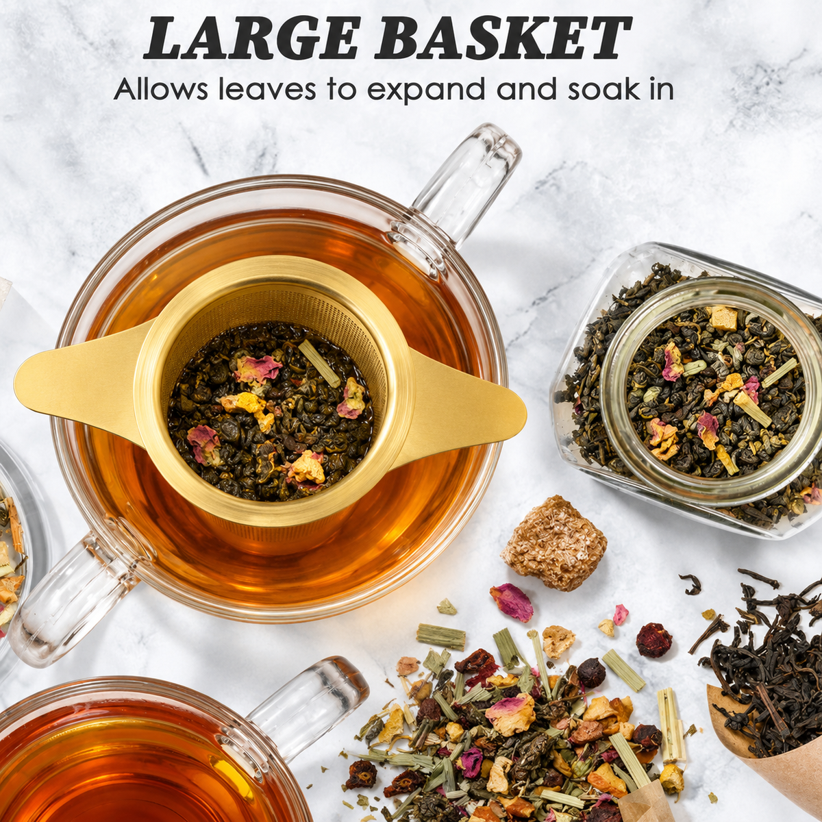 Extra Fine Gold Stainless Steel Large Mesh Tea Infuser w/Lid Roots And Leaves
