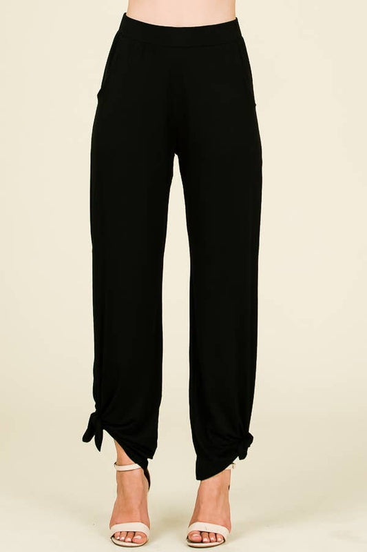 Solid Elastic Waist Side Slit Ankle Tie Pants: Black