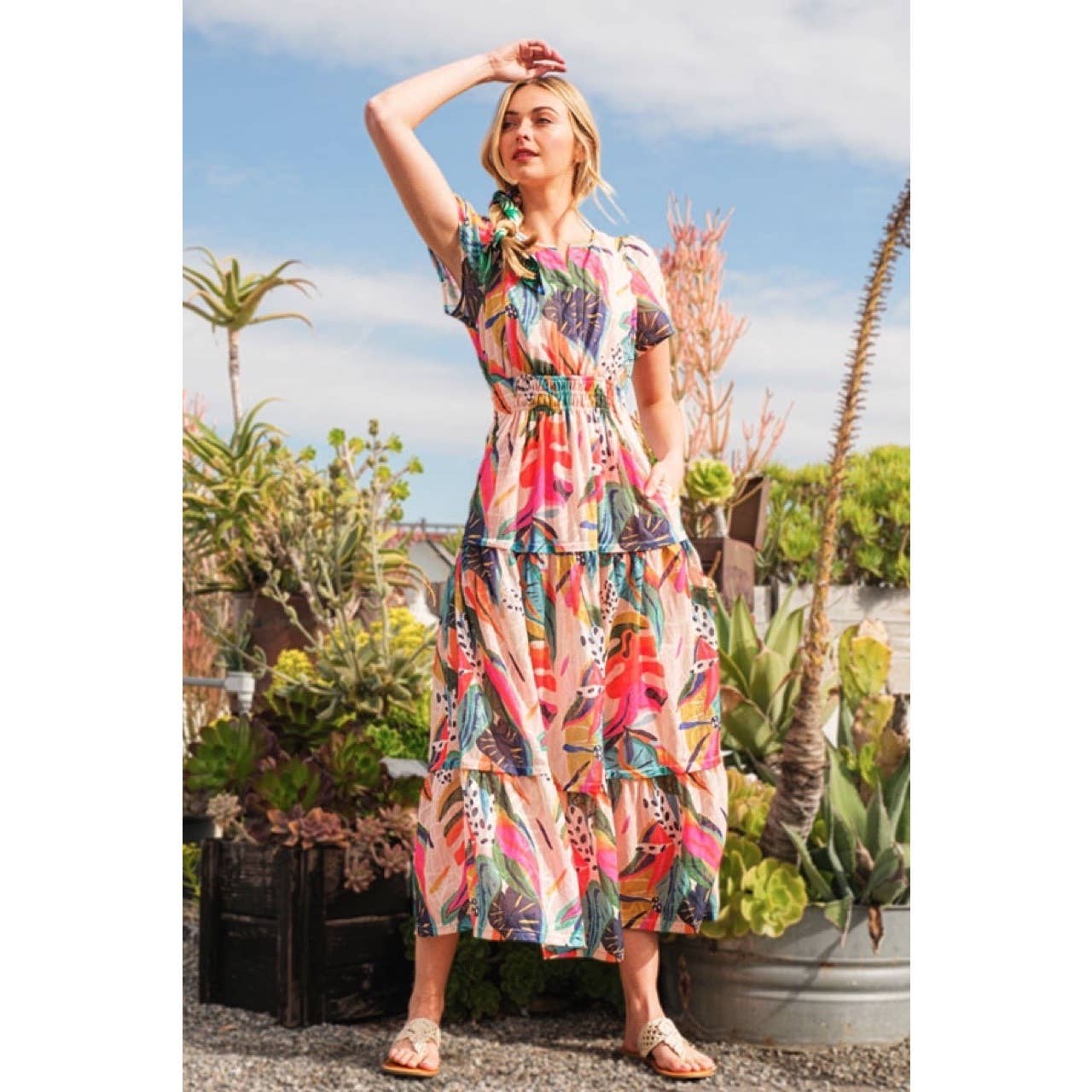 Abstract Printed Smocked Maxi Dress: FUCHSIA