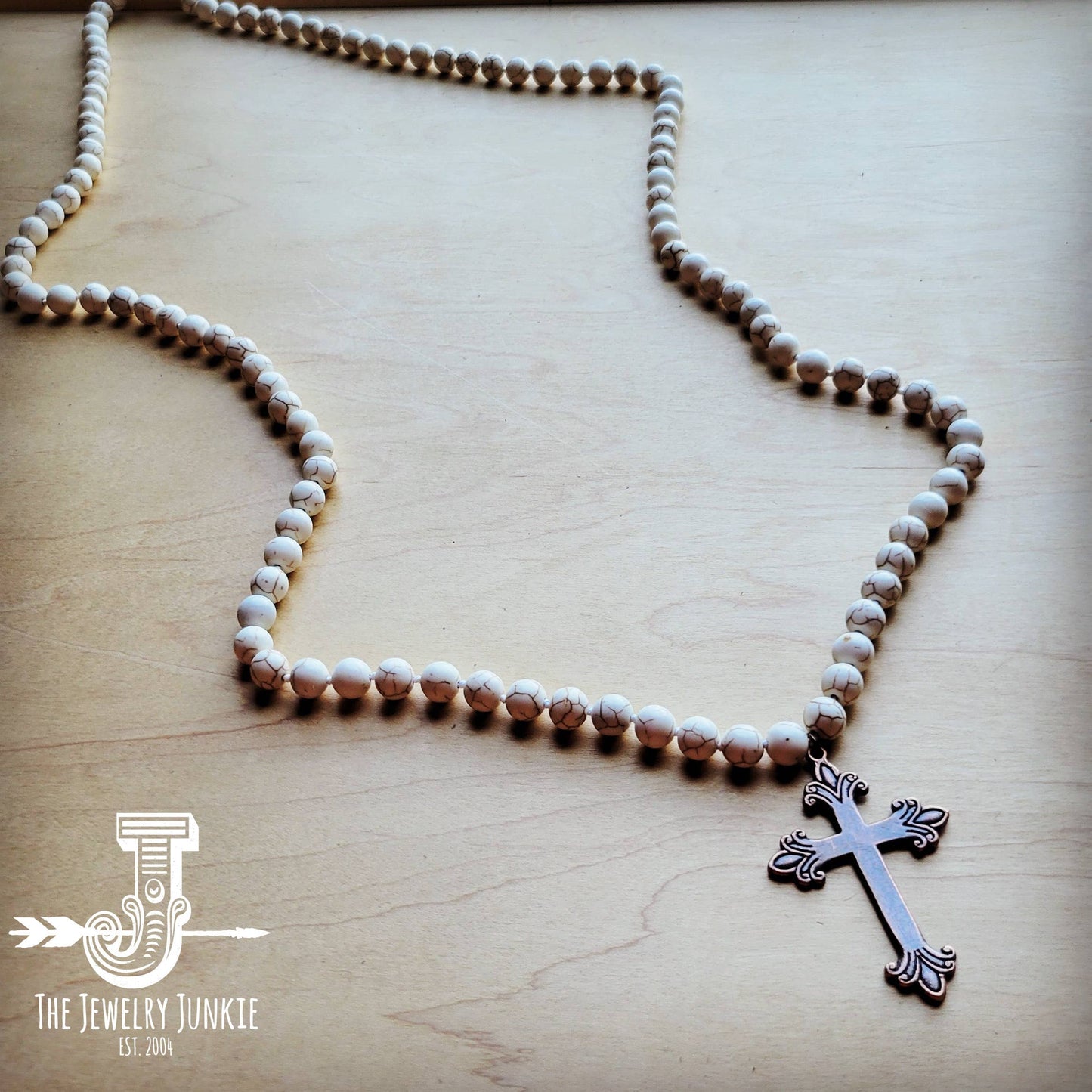 Long White Turquoise Beaded Necklace w/ Copper Cross Pendant