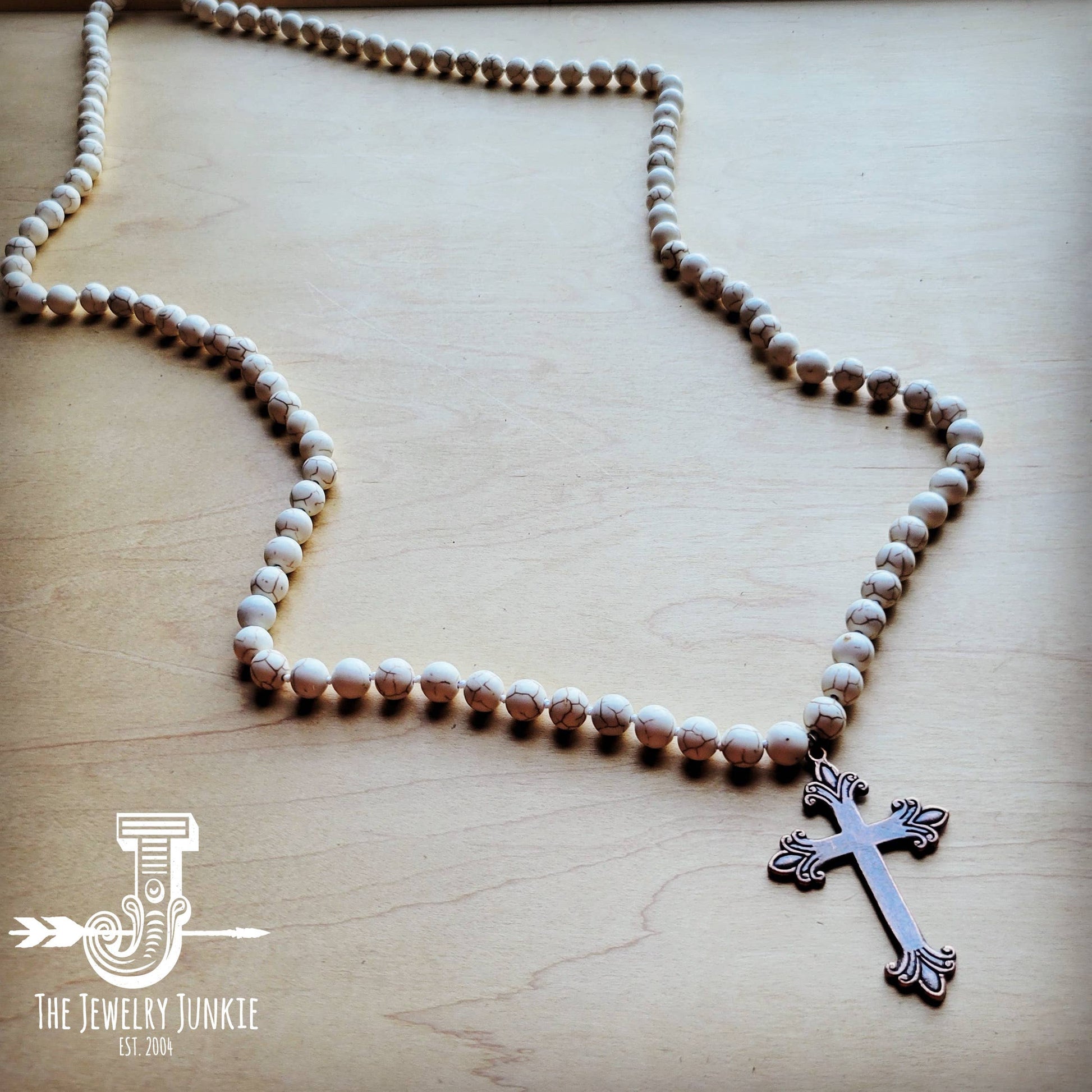 Long White Turquoise Beaded Necklace w/ Copper Cross Pendant