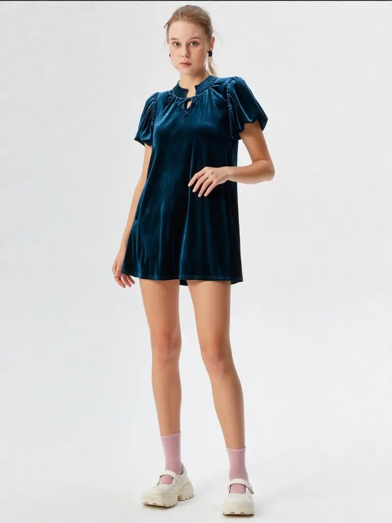 Puff Sleeve Velvet Holiday Mini Dress: Midnight