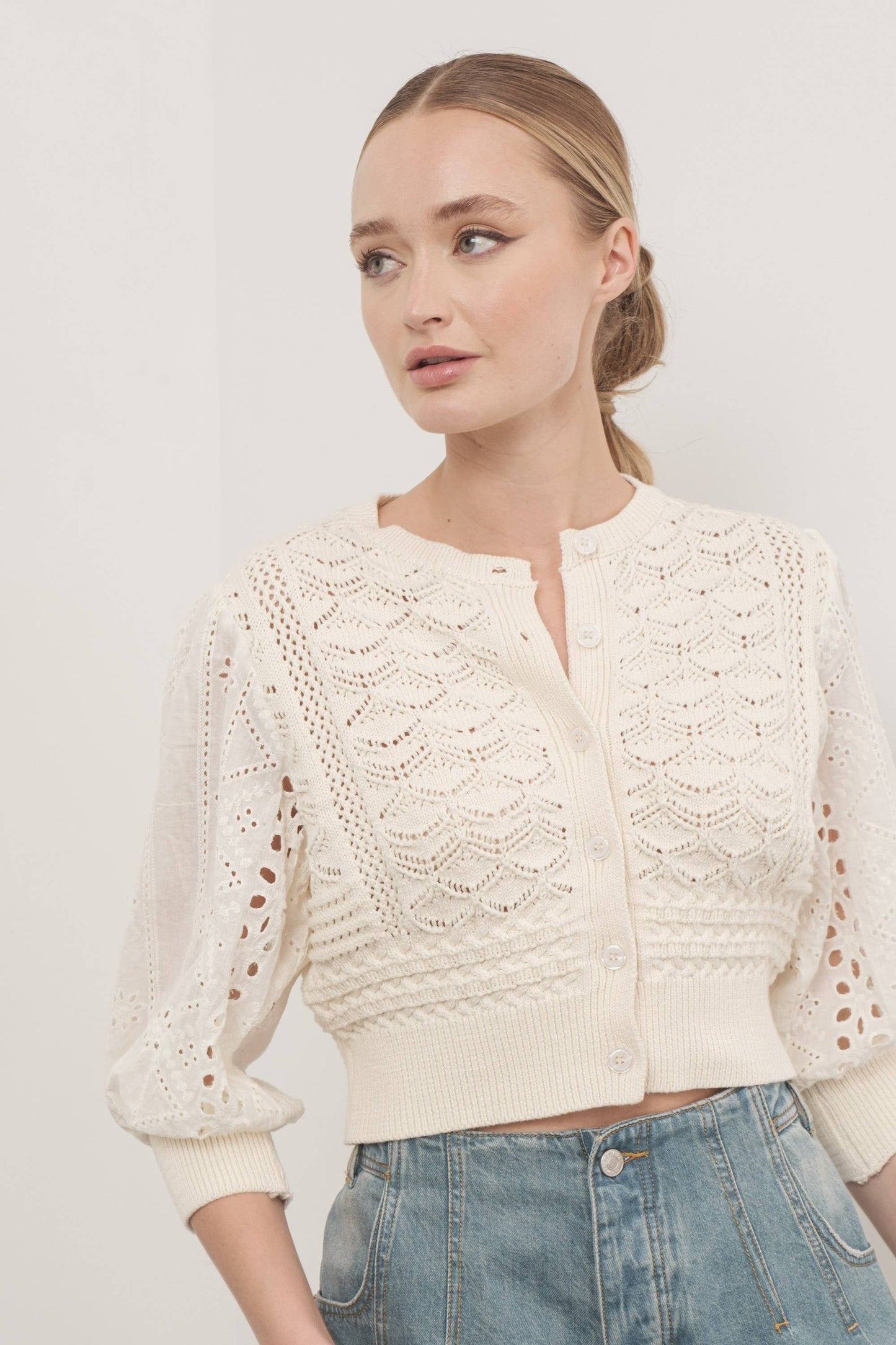 The Poppy 3/4 Sleeve Sweater in Cream Small