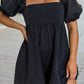 Denim Square Neck Smocked Short Puff Sleeve Flared Romper: Black - The Mustard Seed Collection, The Seed