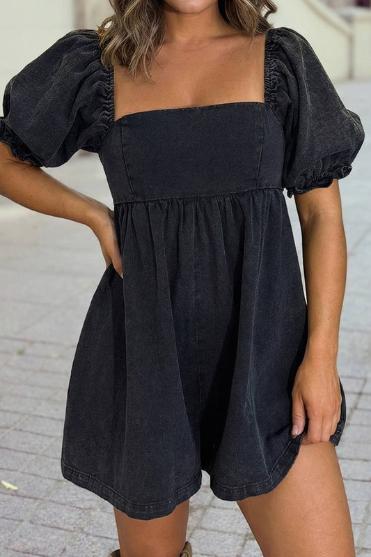 Denim Square Neck Smocked Short Puff Sleeve Flared Romper: Black - The Mustard Seed Collection, The Seed