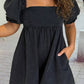 Denim Square Neck Smocked Short Puff Sleeve Flared Romper: Black - The Mustard Seed Collection, The Seed