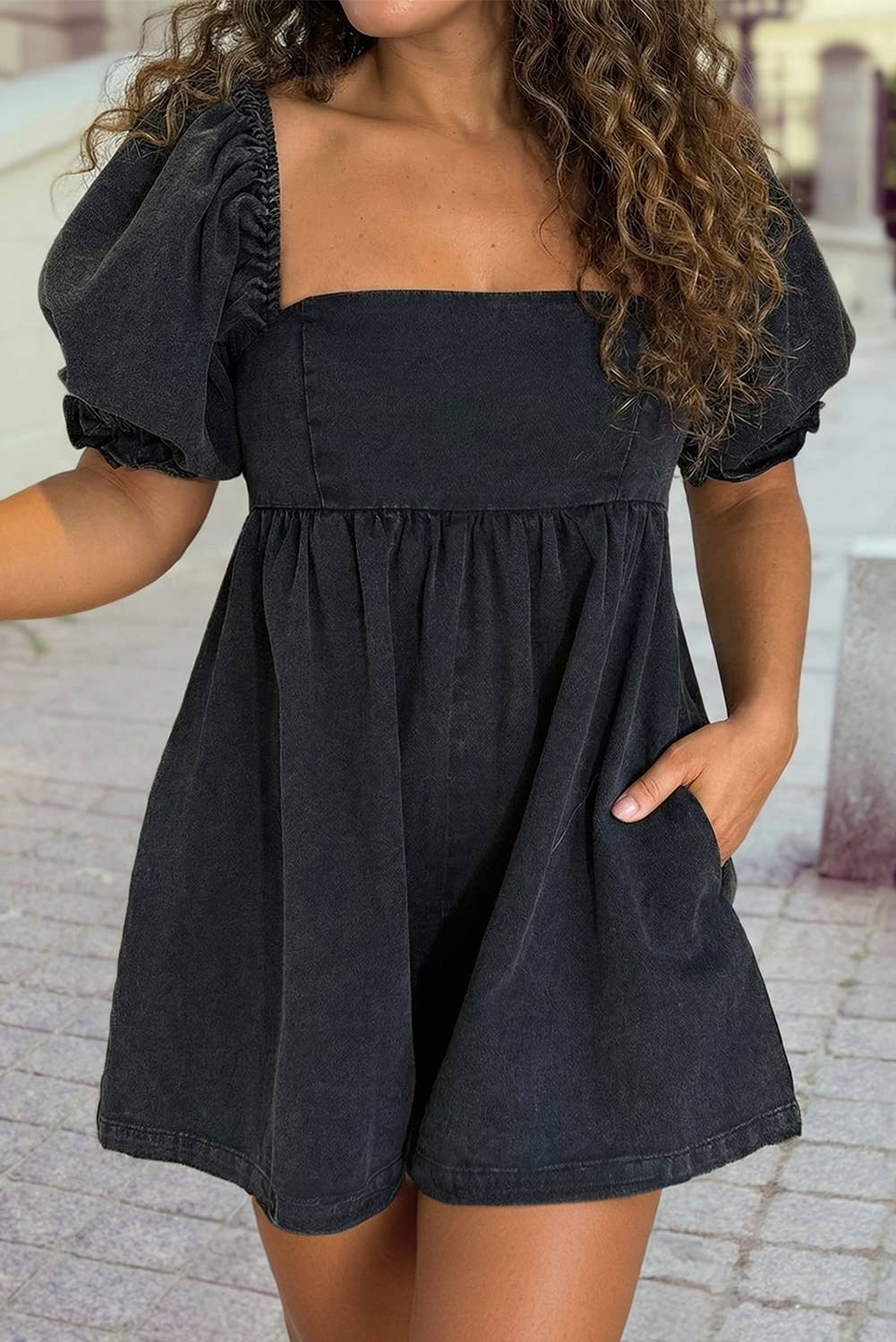 Denim Square Neck Smocked Short Puff Sleeve Flared Romper: Black - The Mustard Seed Collection, The Seed