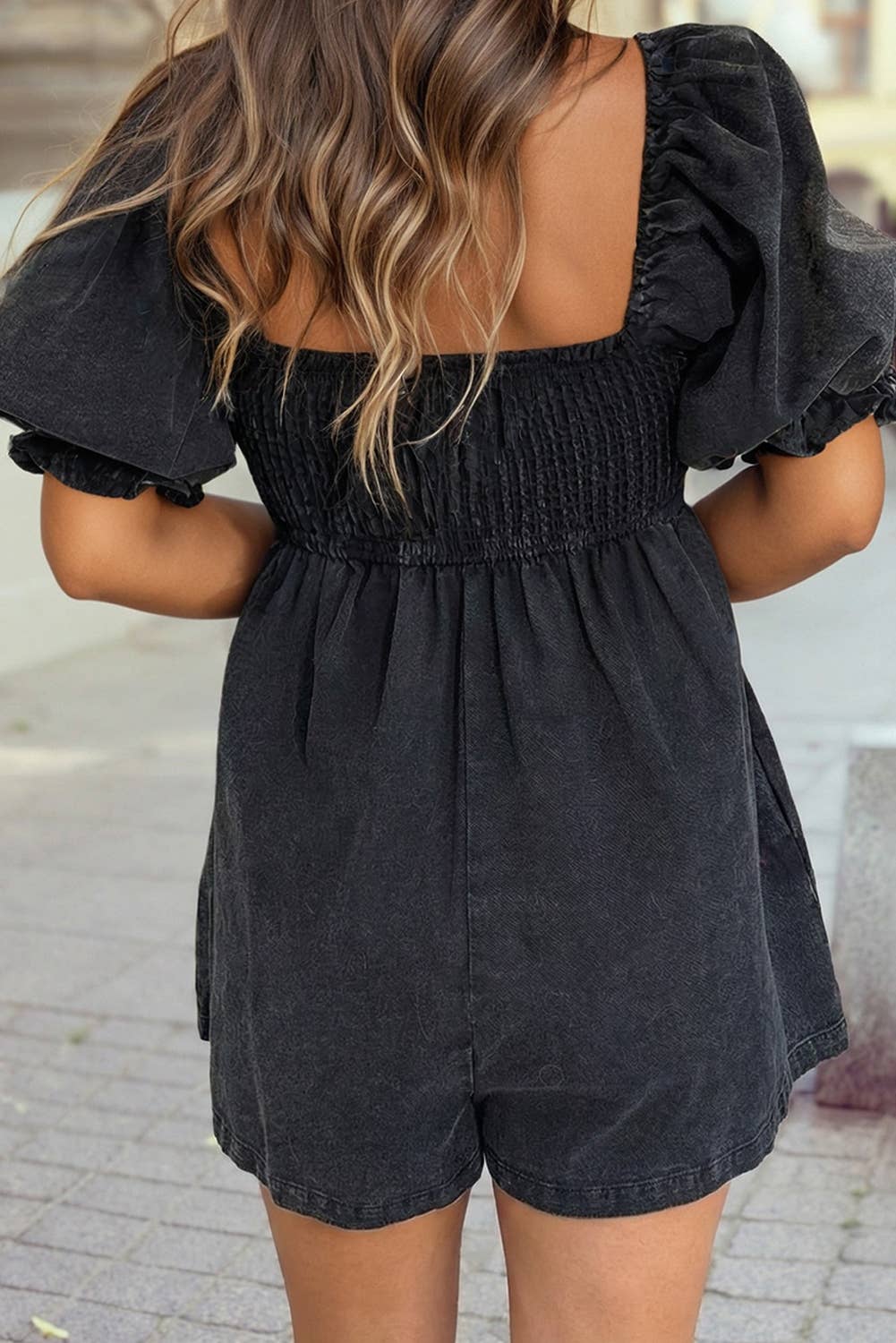 Denim Square Neck Smocked Short Puff Sleeve Flared Romper: Black - The Mustard Seed Collection, The Seed