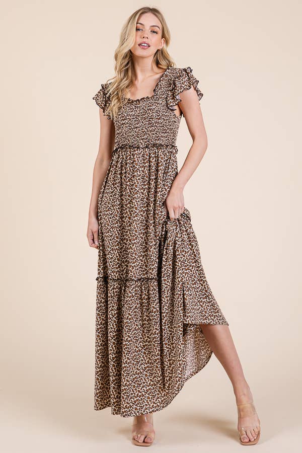 Leopard Ruffle Sleeve Tiered Maxi Dress