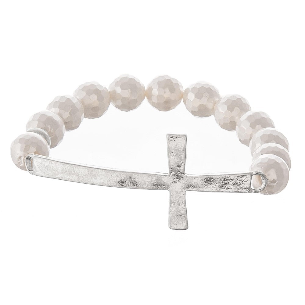 Disco Ball Beaded Hammered Cross Stretch Bracelet - The Mustard Seed Collection, The Seed