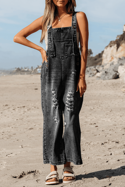 Distressed Pocketed Wide Leg Capri Black Denim Overall