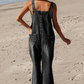 Distressed Pocketed Wide Leg Capri Black Denim Overall - The Mustard Seed Collection, The Seed