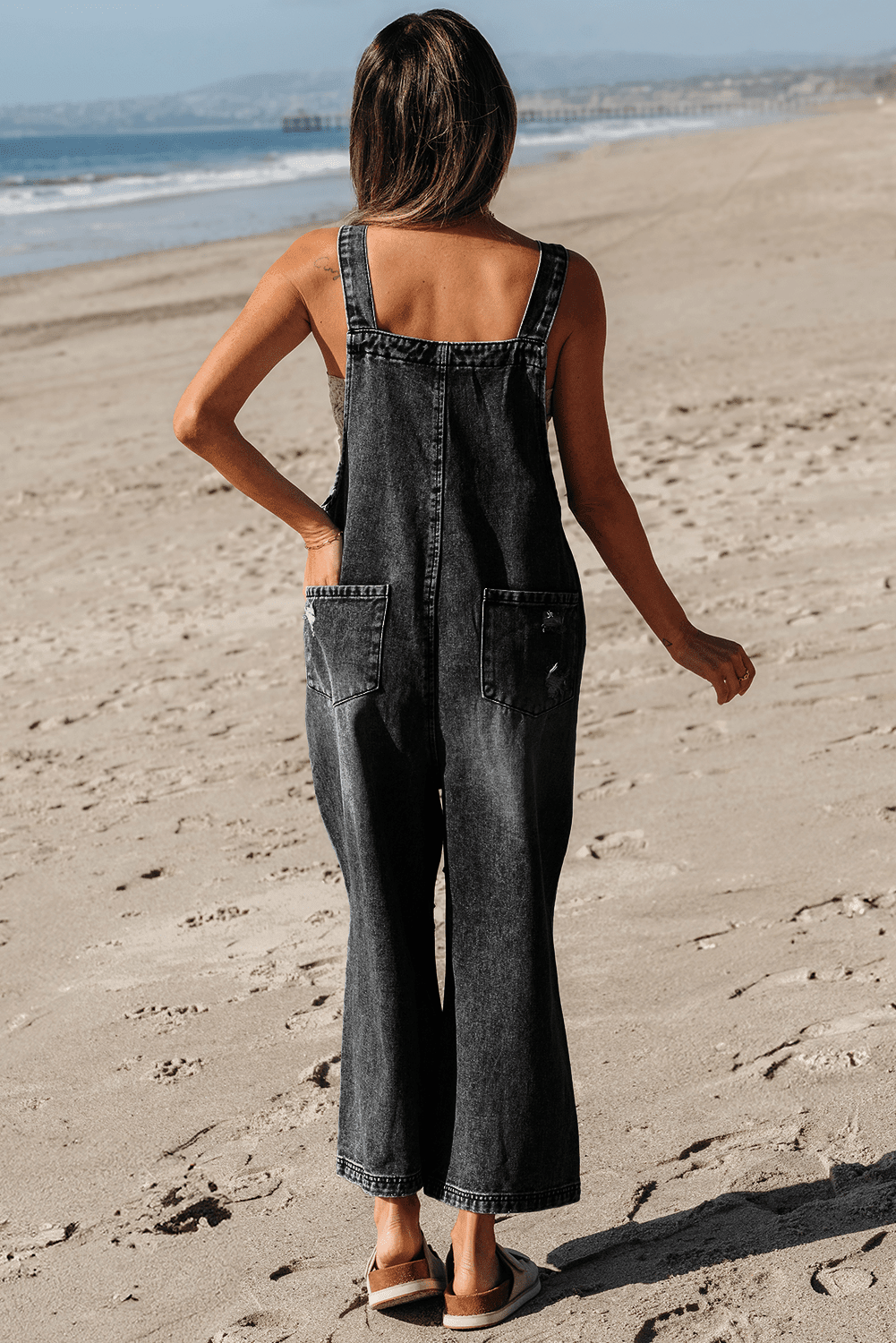 Distressed Pocketed Wide Leg Capri Black Denim Overall - The Mustard Seed Collection, The Seed