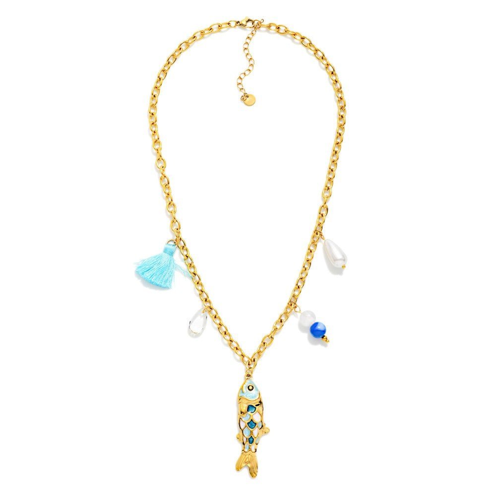 Do Everything In Love Chain Link Charm Necklace Featuring Stone, Pearl, & Metal Tone Fish Pendant 