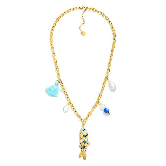 Do Everything In Love Chain Link Charm Necklace Featuring Stone, Pearl, & Metal Tone Fish Pendant 