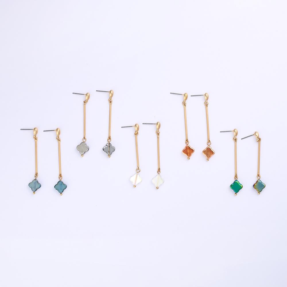 Metal Tone Bar Post Drop Earrings Featuring Translucent Clover Dangle JUDSON