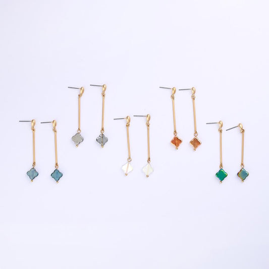 Metal Tone Bar Post Drop Earrings Featuring Translucent Clover Dangle