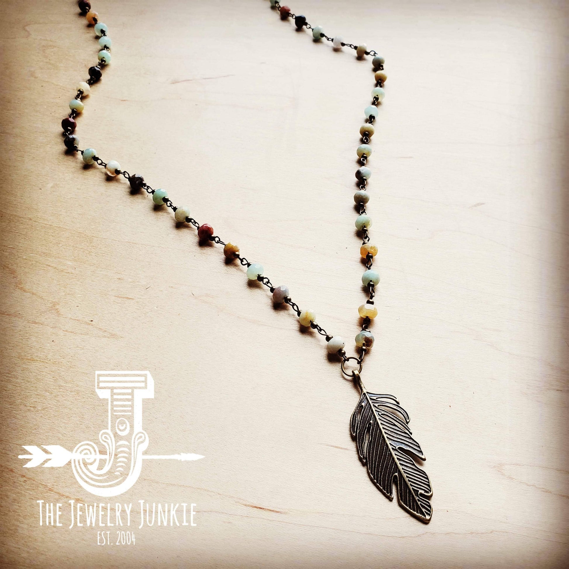 Amazonite Beaded Necklace w/ Antique Gold Feather