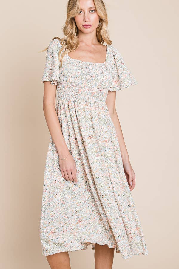 Floral Print Butterfly Sleeve Square Neck Smocked Midi Dress: CREAM