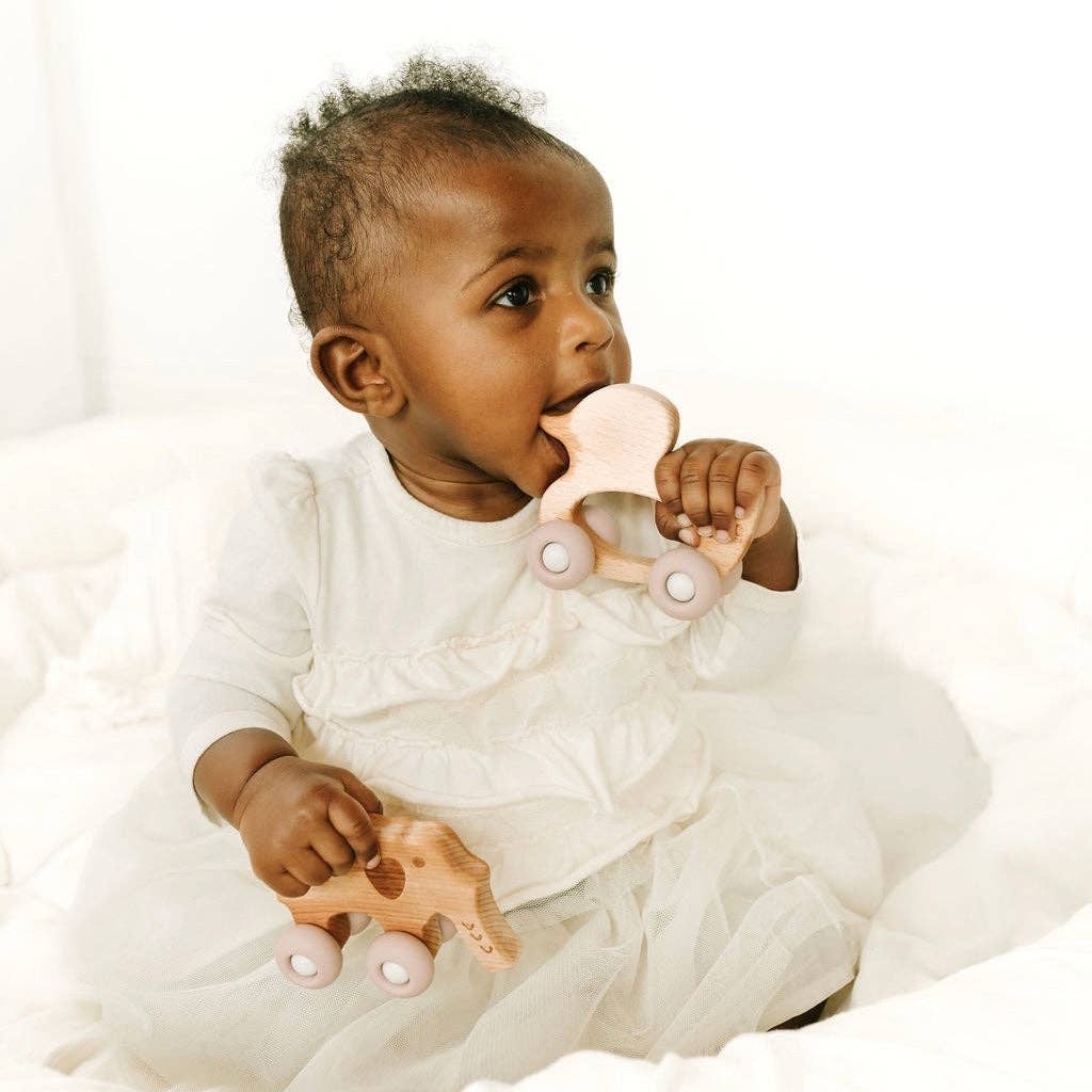 Elephant Silicone & Beechwood Teether Toy: Petal Pink